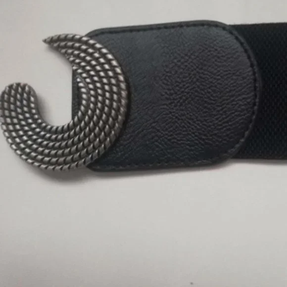 Black Symmetrical Round Buckle Wide Elastic Belt - Picture 8 of 9